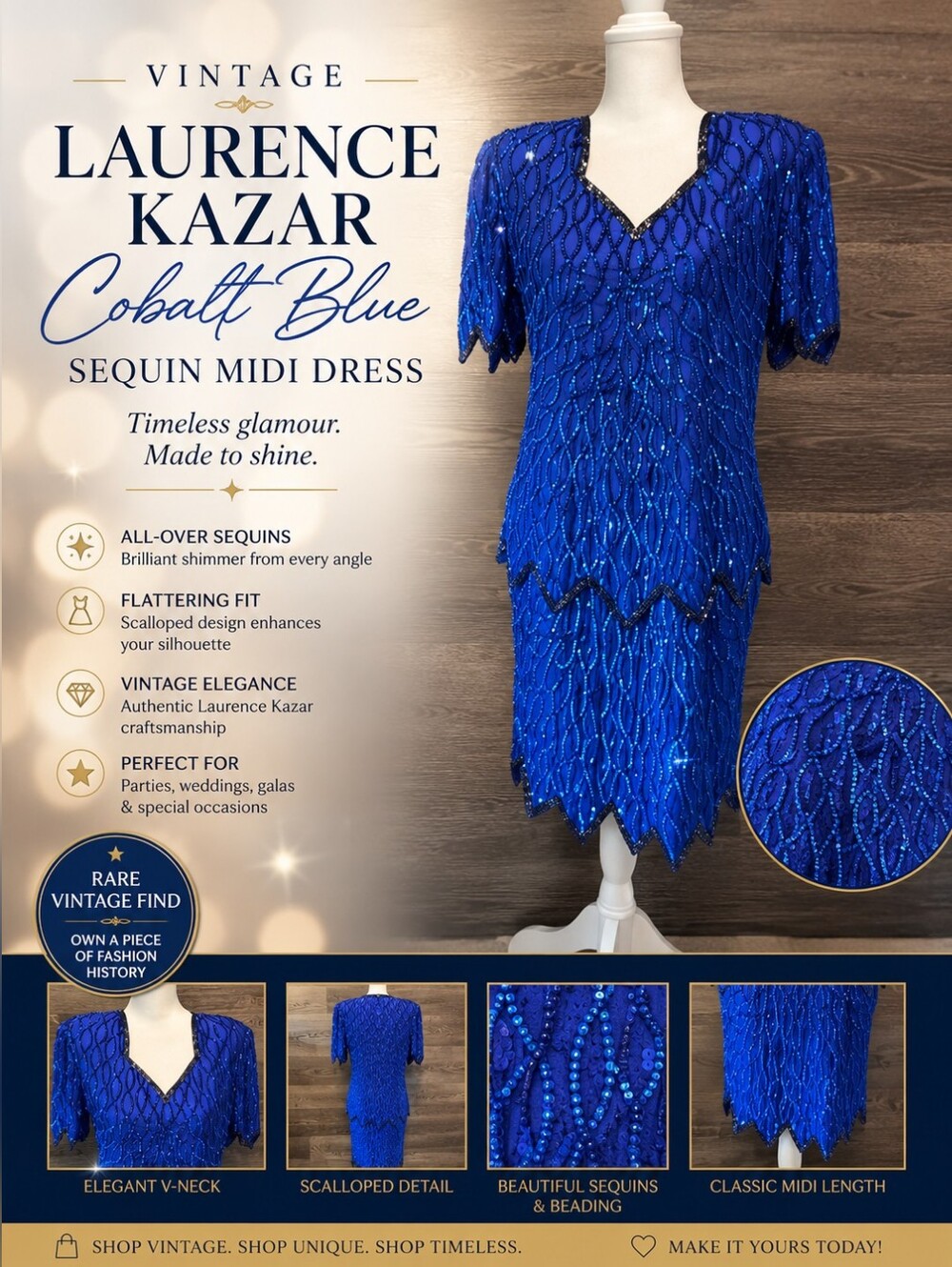 Vintage Laurence Kazar Cobalt Blue Sequin Midi Dress